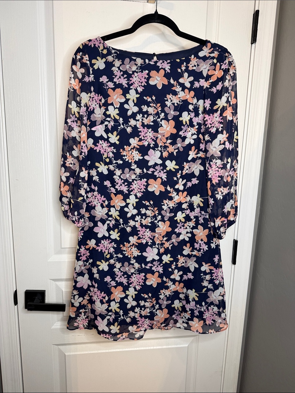 Kensie Navy Floral Long-Sleeve Shift Dress with Pink & Peach Blooms